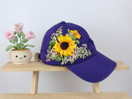 Ribbon-Embroidery Hat - Violet Sunflower Bloom | Handmade by Lena Handicrafts
