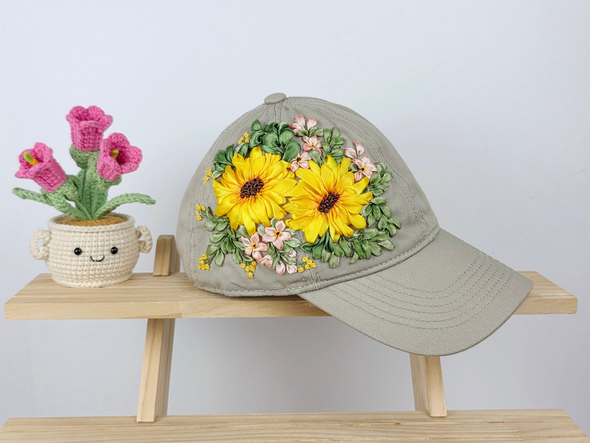 Ribbon-Embroidery Hat - Golden Sunflower Medallion | Handmade by Lena Handicrafts
