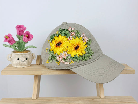 Ribbon-Embroidery Hat - Golden Sunflower Medallion | Handmade by Lena Handicrafts