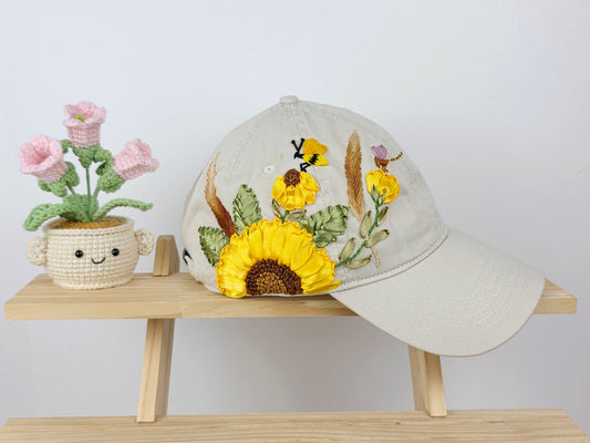 Ribbon-Embroidery Hat - Golden Sunflower Meadow | Handmade by Lena Handicrafts