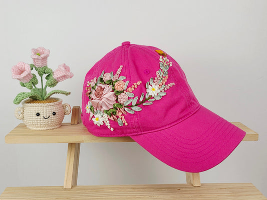 Ribbon-Embroidery Hat - Fuchsia Peony Garland | Handmade by Lena Handicrafts