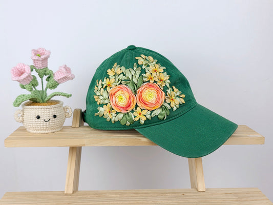 Ribbon-Embroidery Hat - Coral Ranunculus Wreath | Handmade by Lena Handicrafts