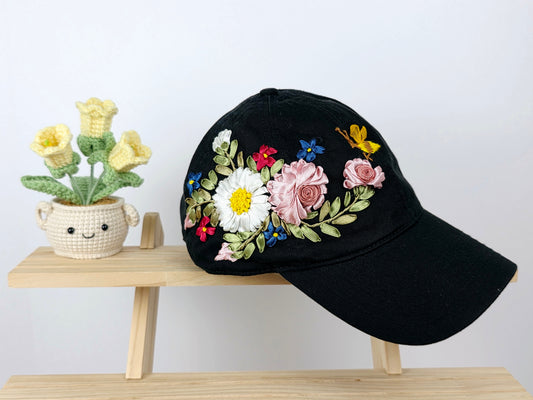 Ribbon-Embroidery Hat - Daisy Rose Meadow | Handmade by Lena Handicrafts