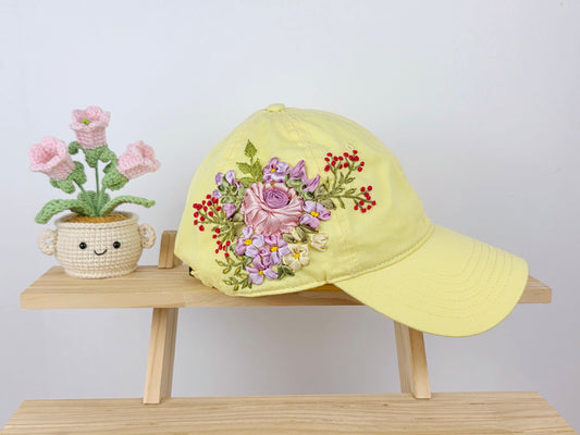 Ribbon-Embroidery Hat - Mauve Rose Bouquet | Handmade by Lena Handicrafts