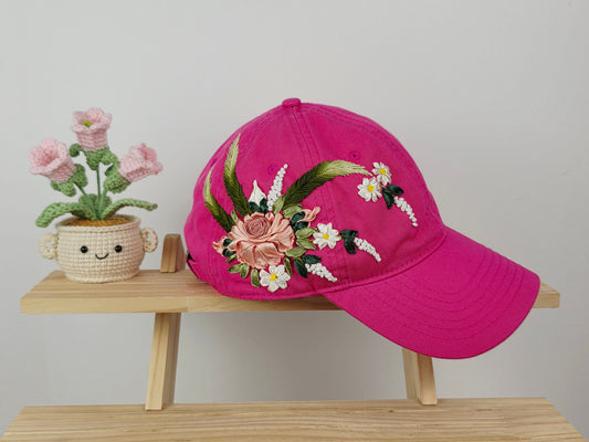 Ribbon-Embroidery Hat - Fuchsia Rose Bouquet | Handmade by Lena Handicrafts