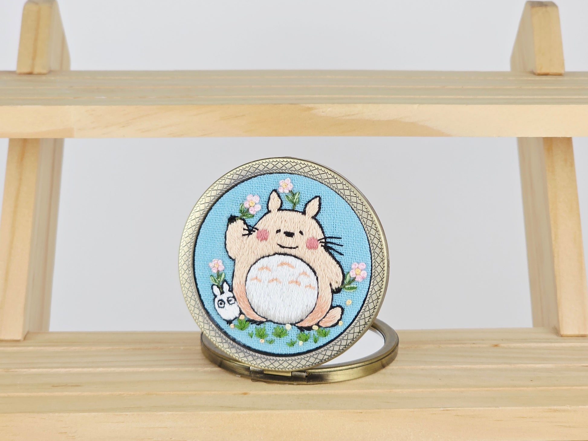 Motif Compact Mirror - Light Blue Totoro Floral | Handmade by Lena Handicrafts
