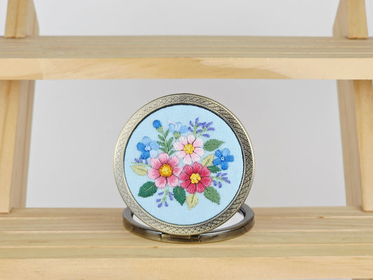 Motif Compact Mirror - Sky Blue Floral Bouquet | Handmade by Lena Handicrafts