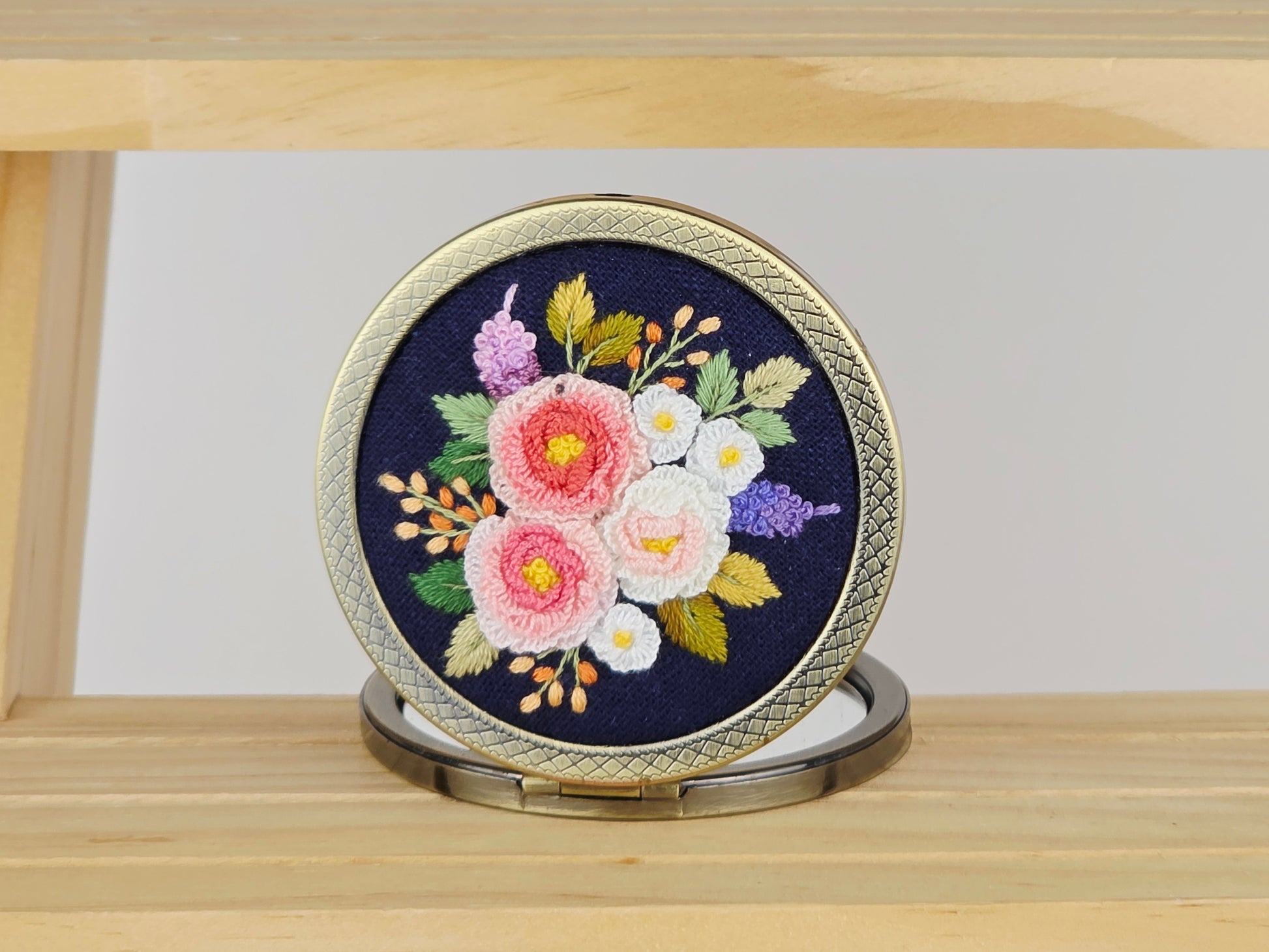 Motif Compact Mirror - Navy Peony Bouquet | Handmade by Lena Handicrafts