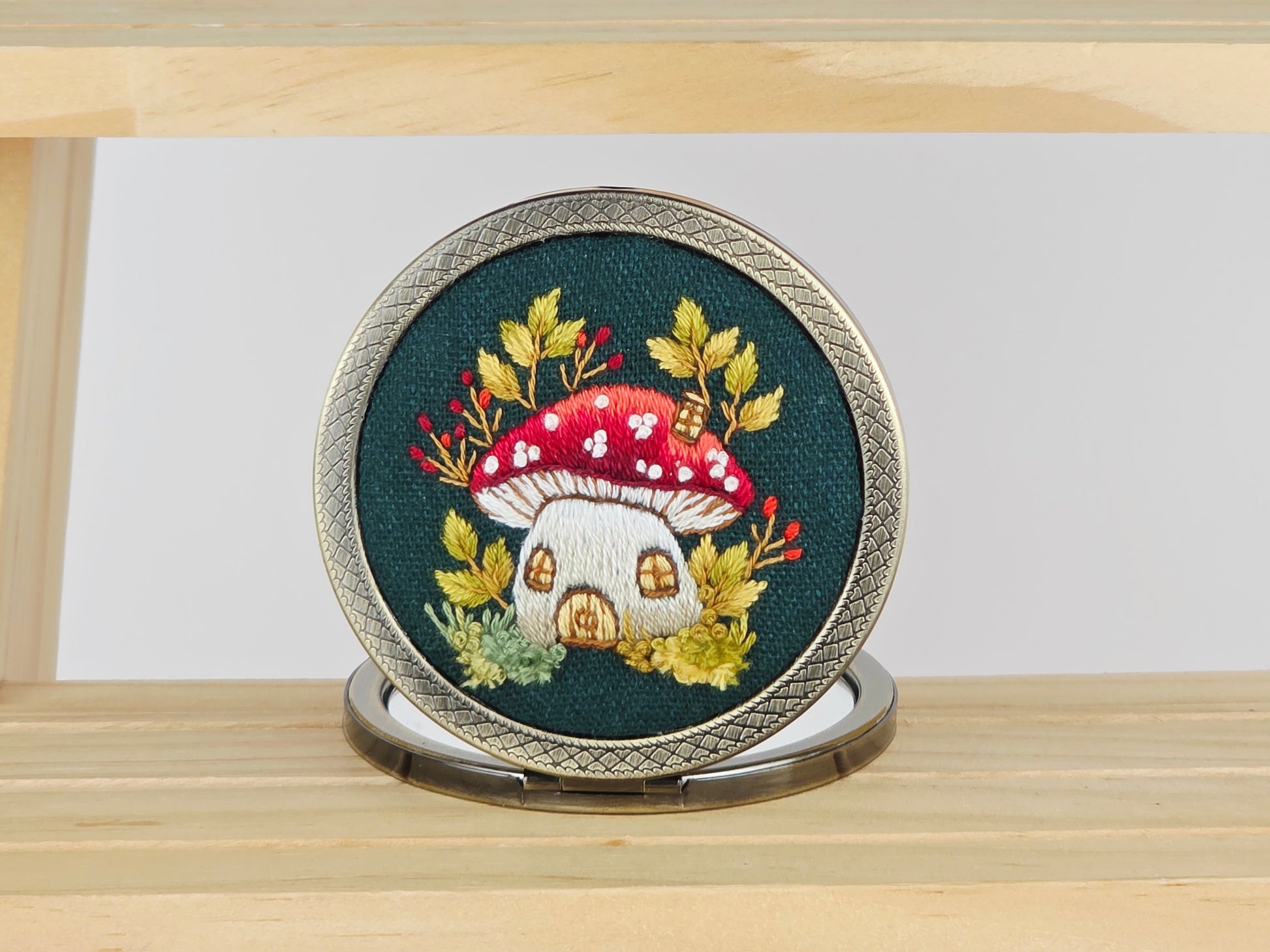 Motif Compact Mirror - Crimson Toadstool Cottage | Handmade by Lena Handicrafts