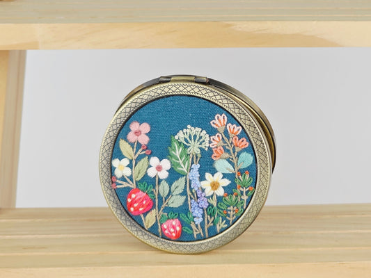 Motif Compact Mirror - Teal Strawberry Meadow | Handmade by Lena Handicrafts
