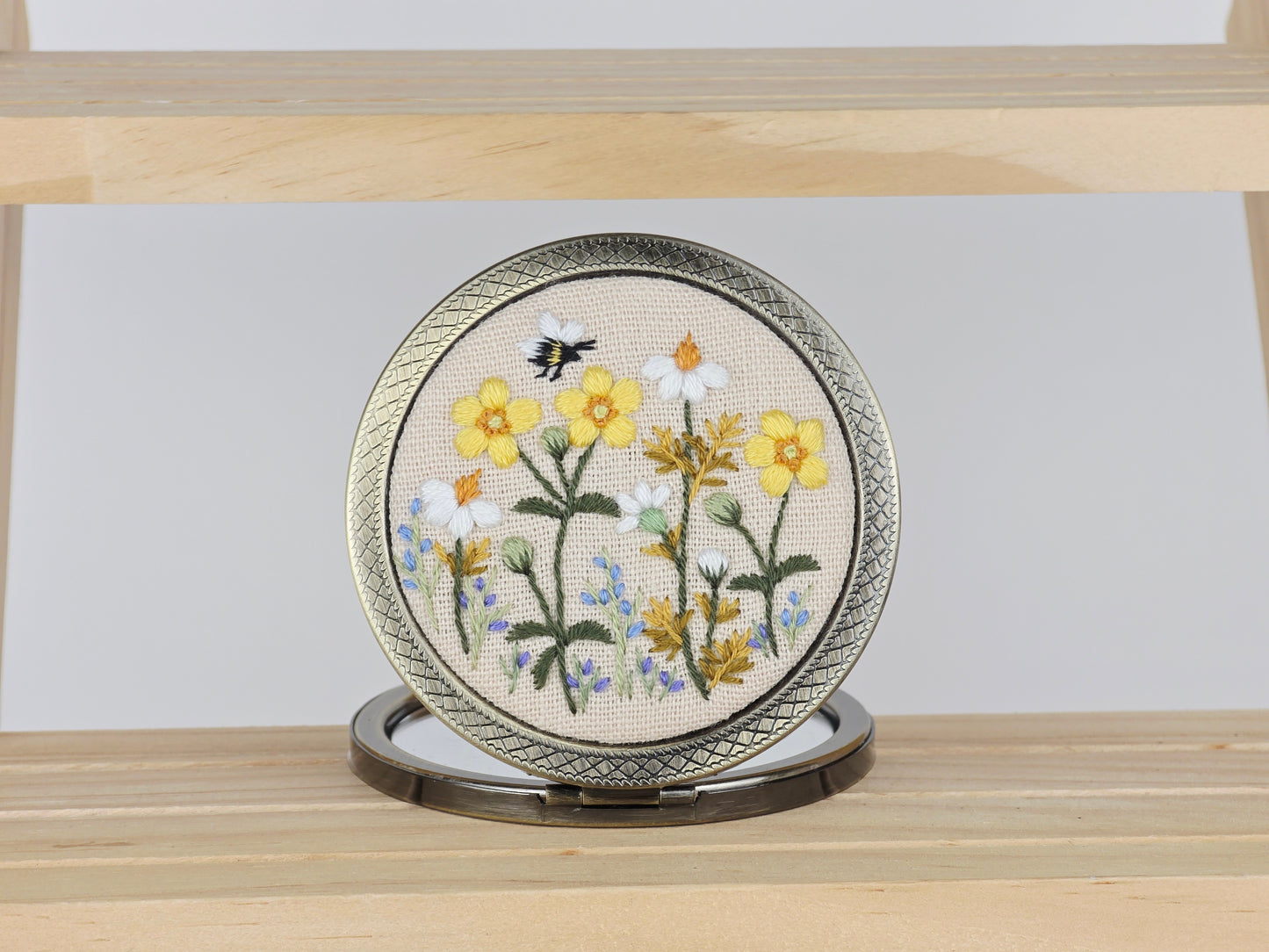 Motif Compact Mirror - Golden Bee Meadow | Handmade by Lena Handicrafts