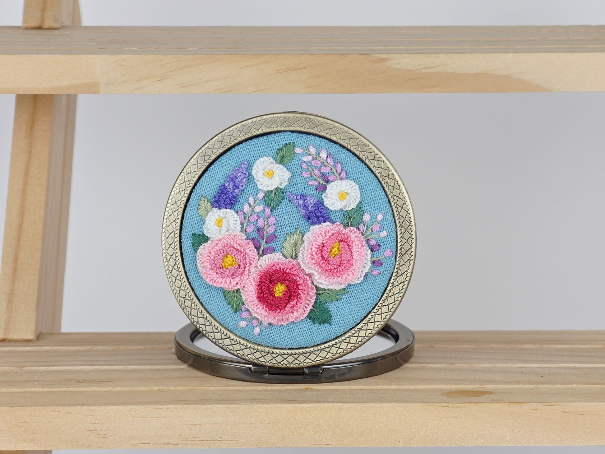 Motif Compact Mirror - Azure Peony Bouquet | Handmade by Lena Handicrafts