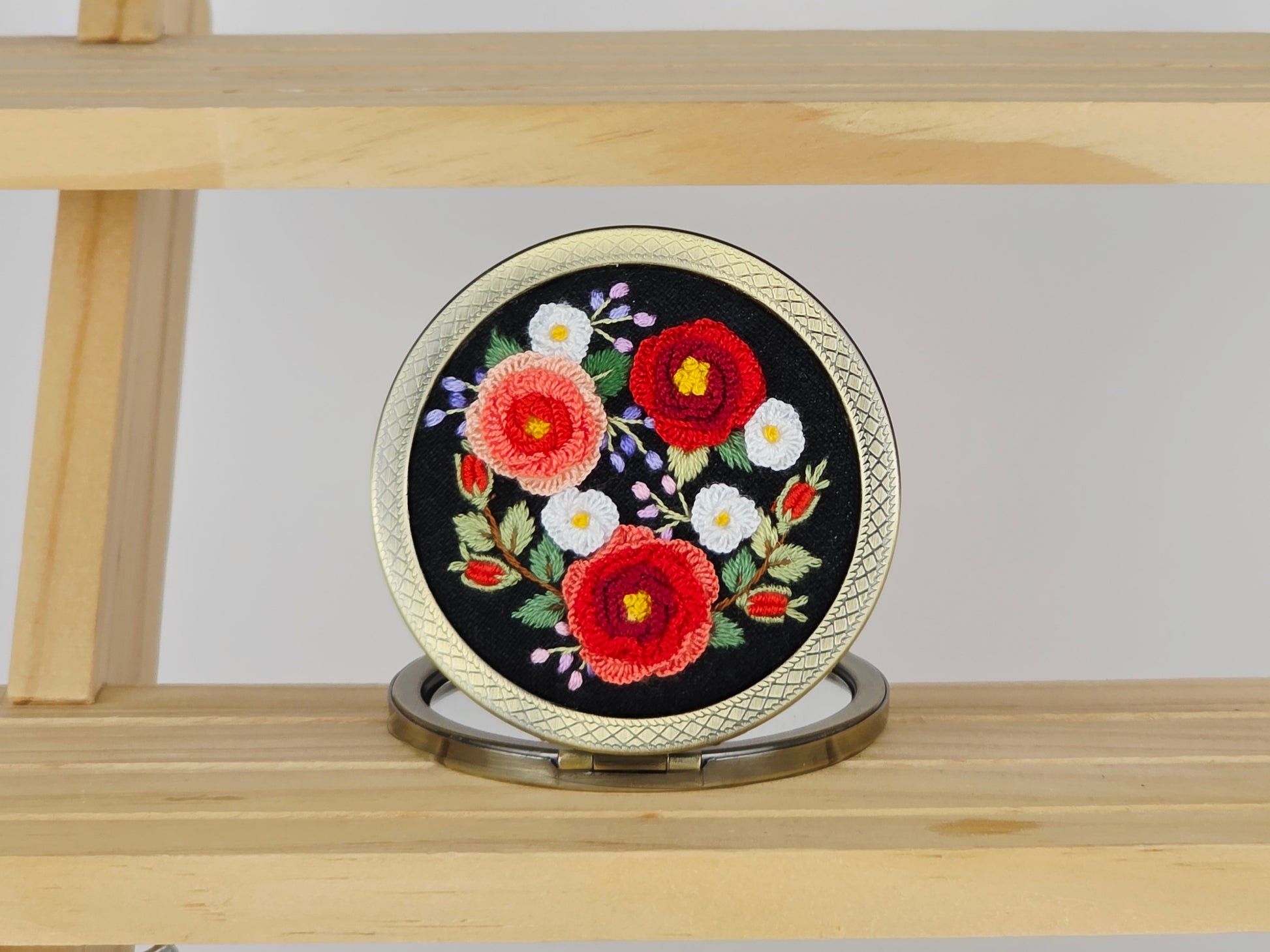 Motif Compact Mirror - Crimson Camellia Bouquet | Handmade by Lena Handicrafts