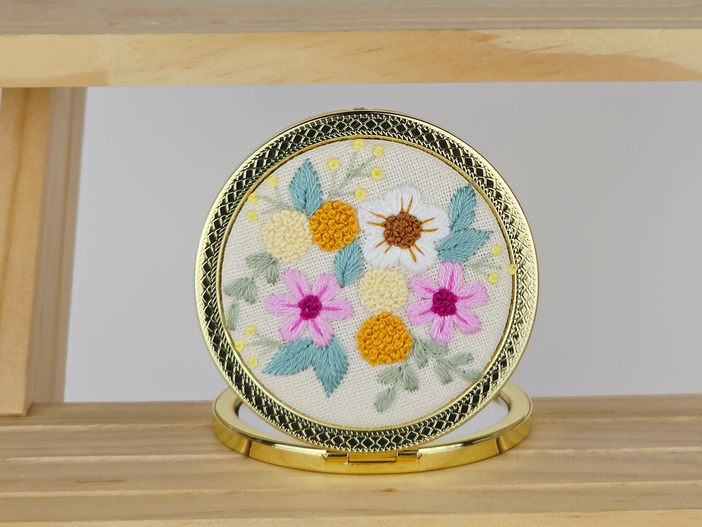 Motif Compact Mirror - Golden Marigold Bouquet | Handmade by Lena Handicrafts