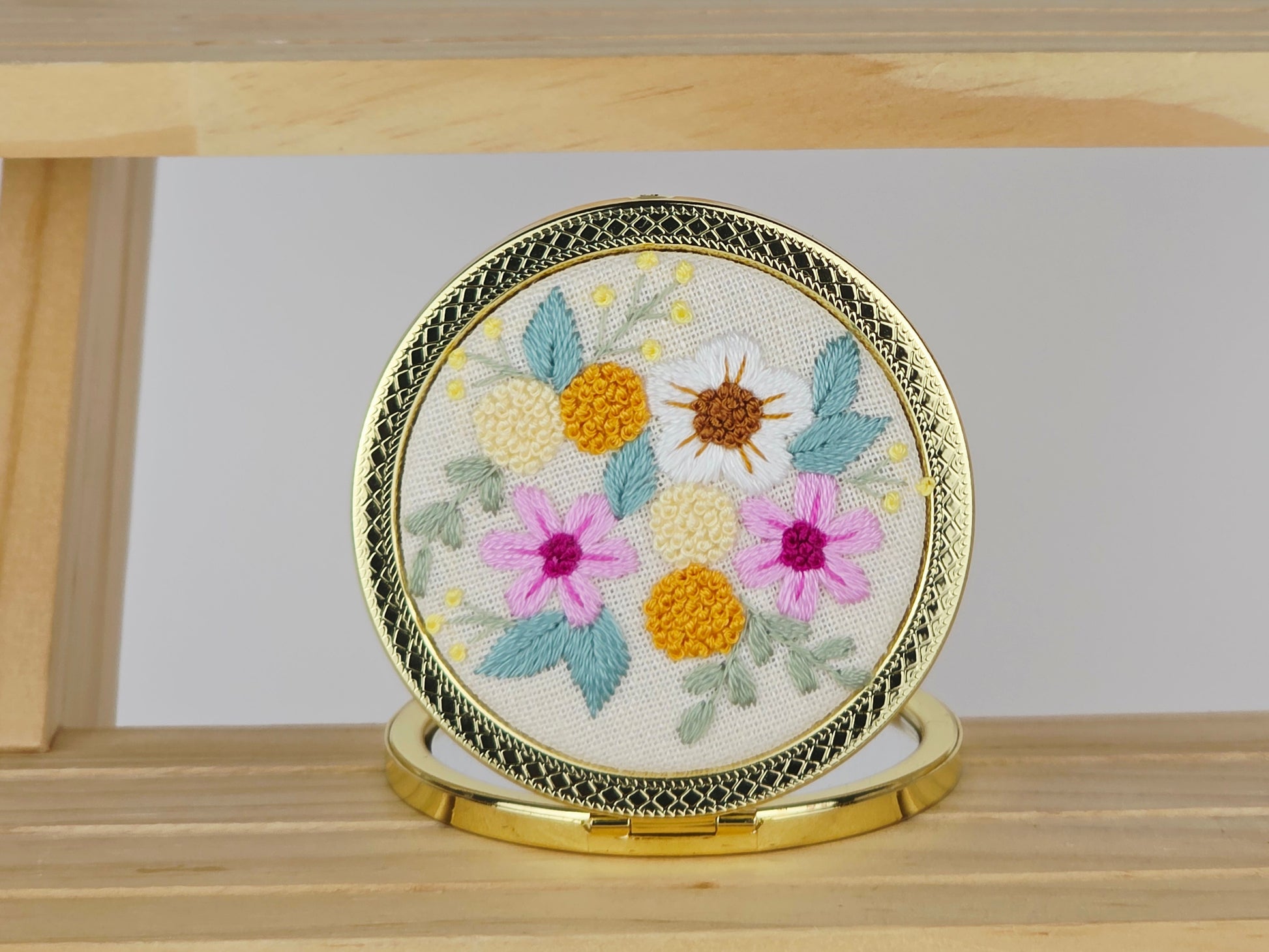 Motif Compact Mirror - Golden Marigold Bouquet | Handmade by Lena Handicrafts