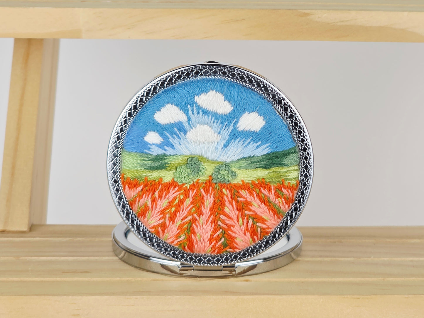 Artisan Compact Mirror - Crimson Meadow Horizon | Handmade by Lena Handicrafts
