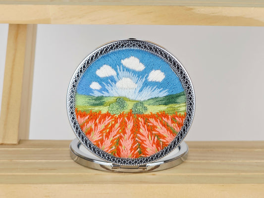 Artisan Compact Mirror - Crimson Meadow Horizon | Handmade by Lena Handicrafts