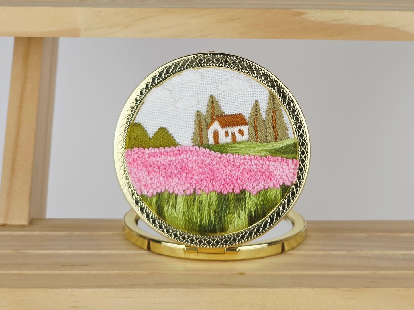 Artisan Compact Mirror - Pink Tulip Meadow | Handmade by Lena Handicrafts