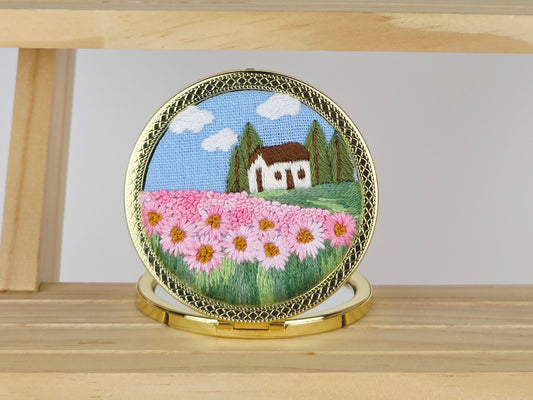 Artisan Compact Mirror - Pink Daisy Meadow | Handmade by Lena Handicrafts