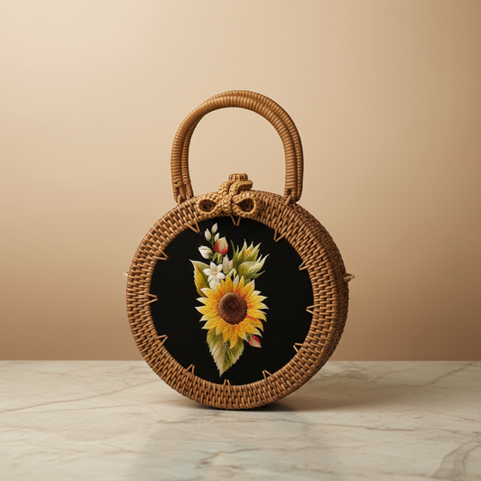 Circle Rattan Purse - Sunflower Bouquet - Front Face