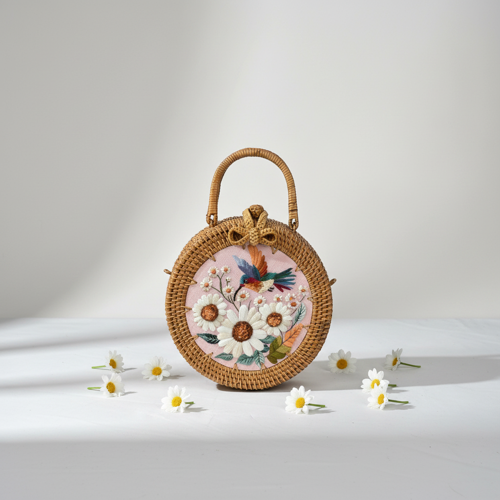 Circle Rattan Purse - Hummingbird Nectar Havest - Flowers