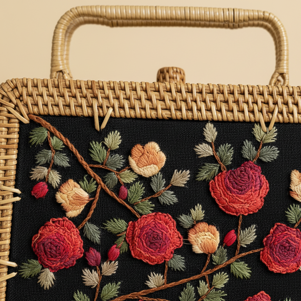 Bookcase Rattan Purse - Rose Garden - Embroidery Close-up