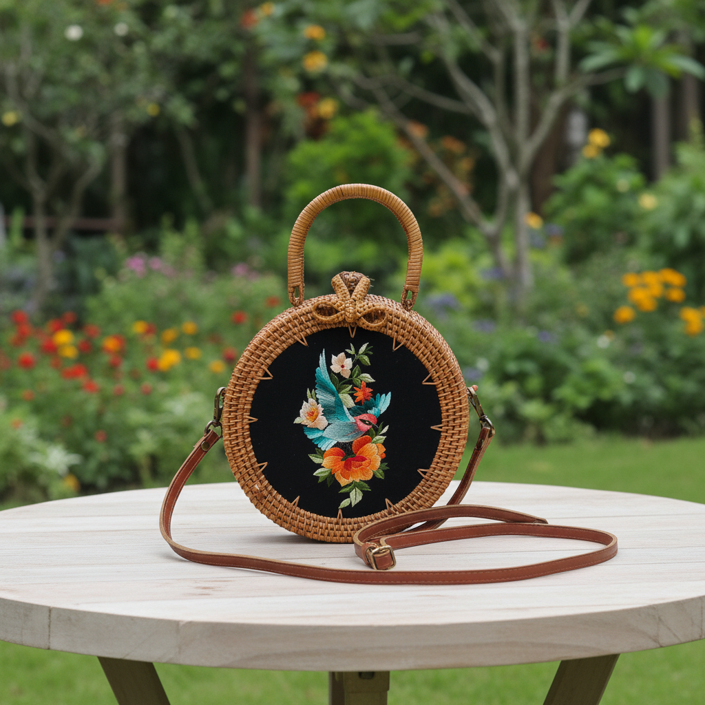 Circle Rattan Purse - Tropical Songbird - Garden 5