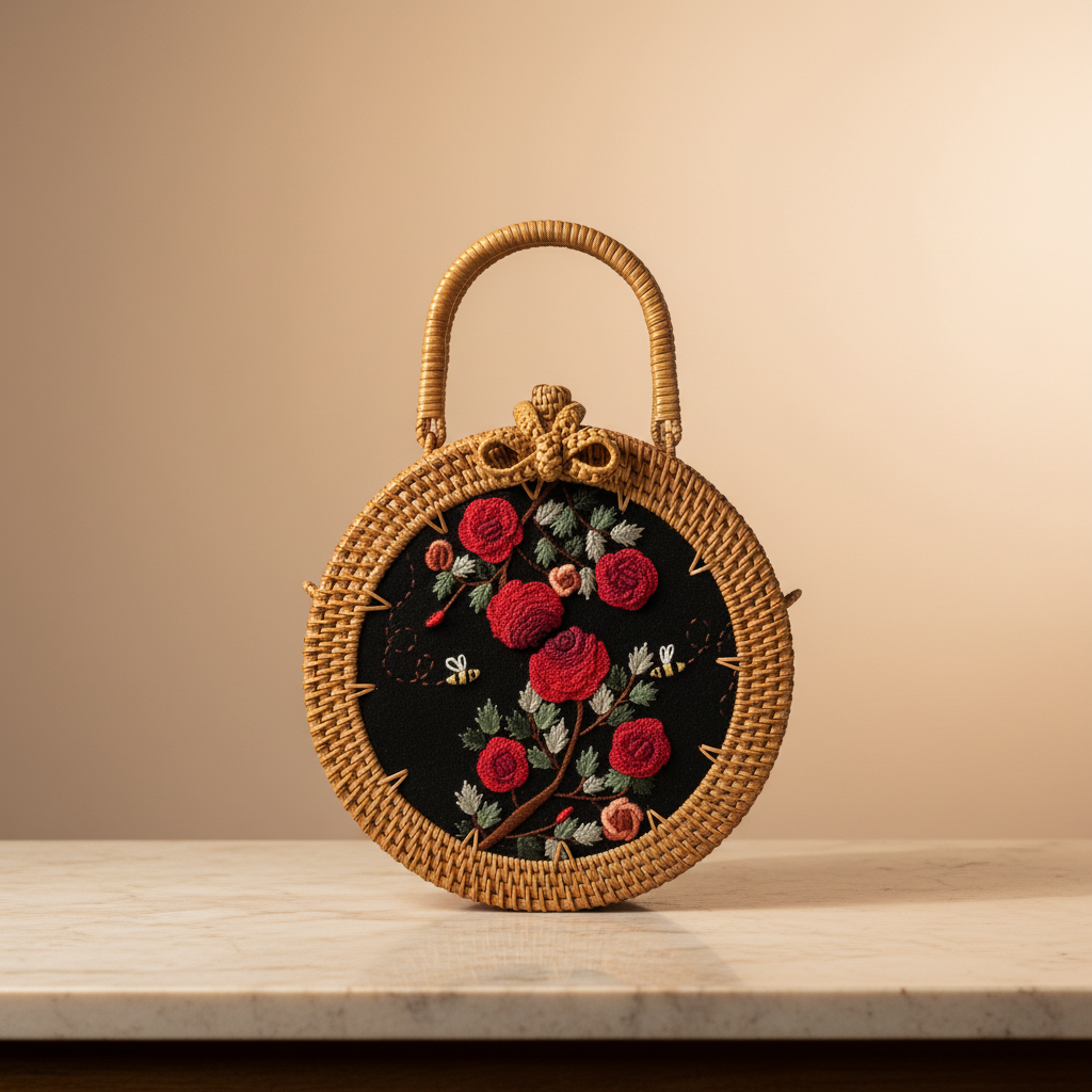 Circle Rattan Purse - Red Roses Bloom - Front Face
