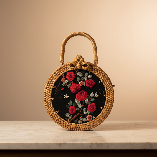 Circle Rattan Purse - Red Roses Bloom - Front Face
