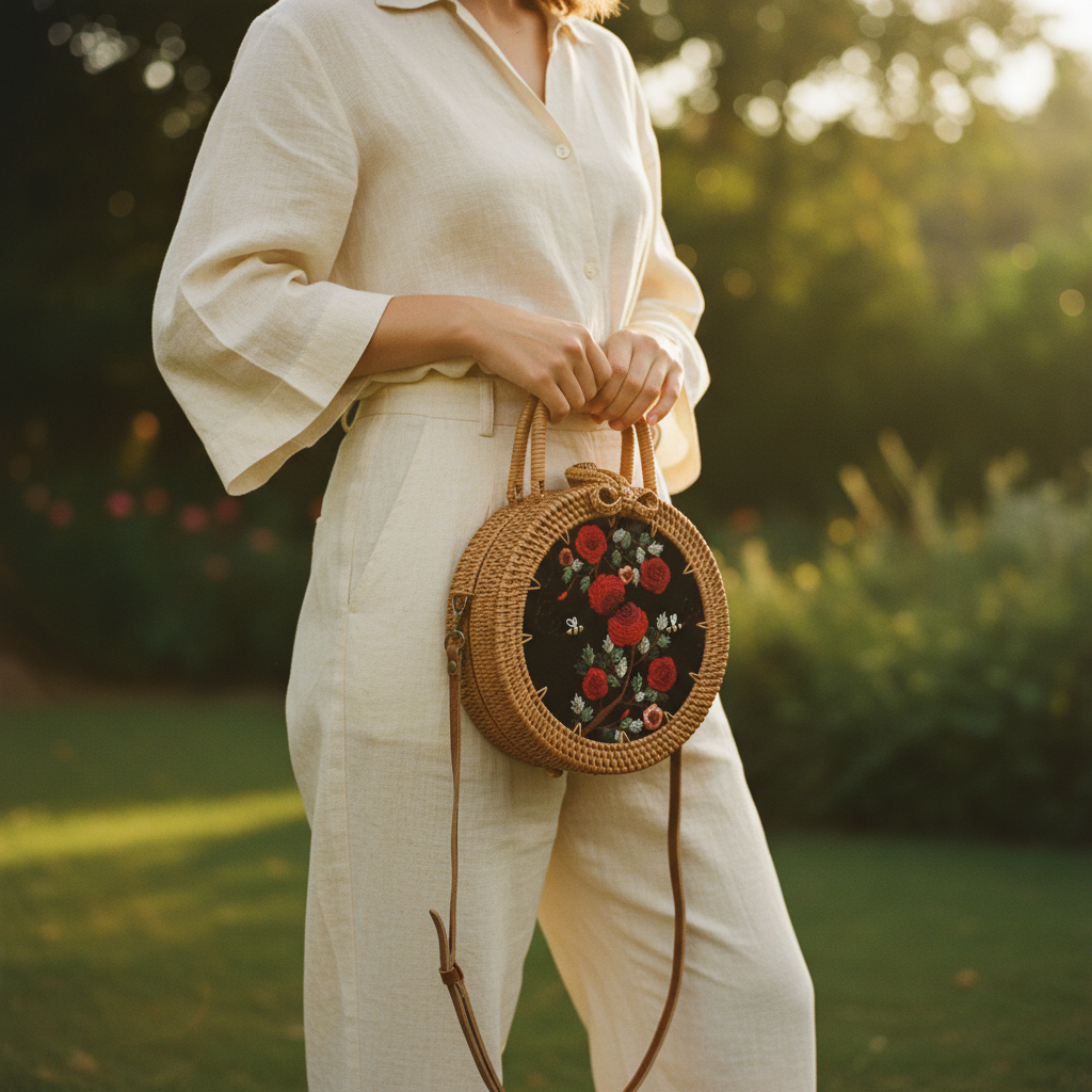 Circle Rattan Purse - Red Roses Bloom - Model Carry