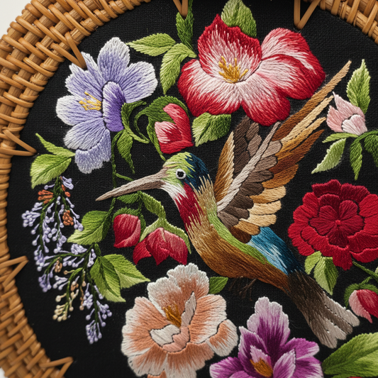 Circle Rattan Purse - Hummingbird in Garden - Embroidery Close-up