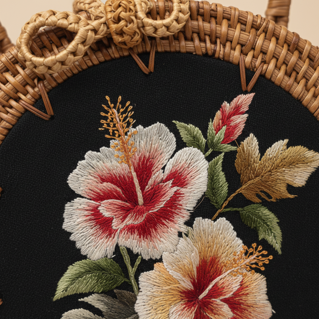 Circle Rattan Purse - Hibiscus Noir - Embroidery Close-up