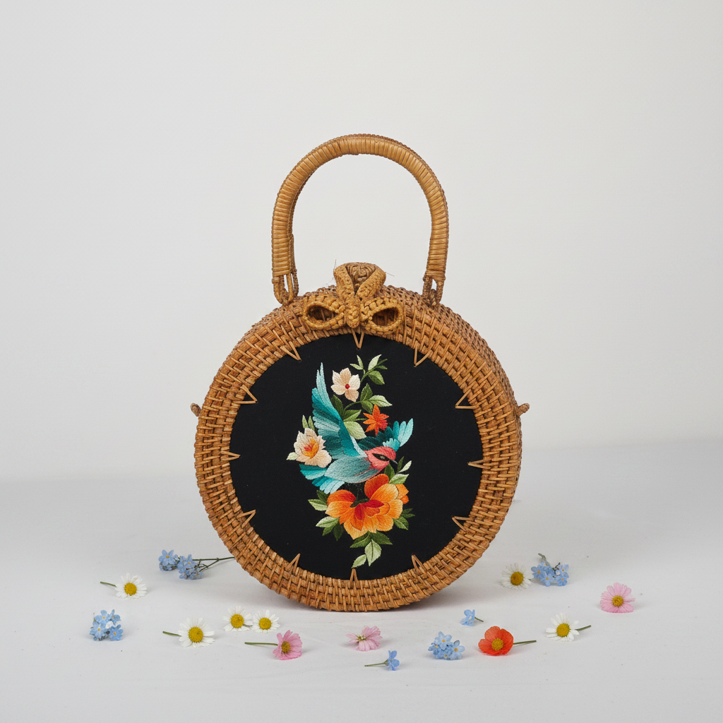 Circle Rattan Purse - Tropical Songbird - Flowers
