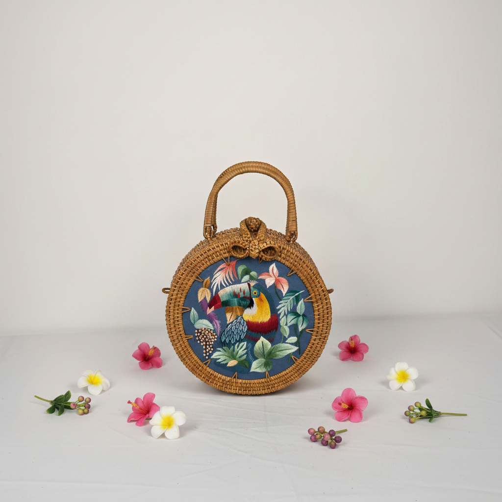 Circle Rattan Purse - Toucan in Botanical Garden - Flowers