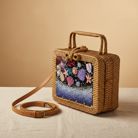 Bookcase Rattan Purse - Marine Life - Side Depth