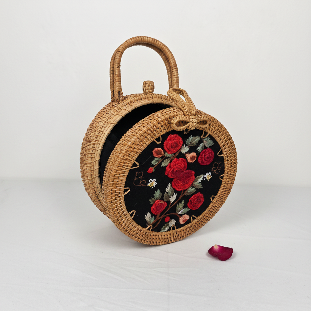 Circle Rattan Purse - Red Roses Bloom - Interior Reveal