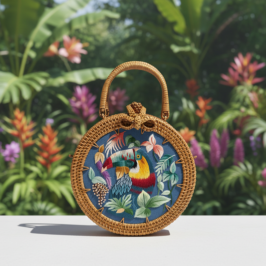 Circle Rattan Purse - Toucan in Botanical Garden - 1