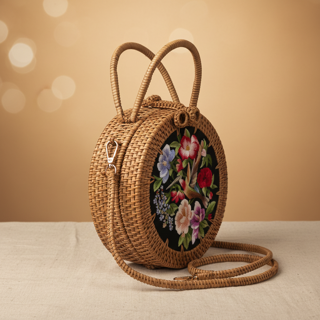 Circle Rattan Purse - Hummingbird in Garden - Side Depth