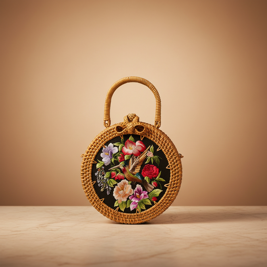 Circle Rattan Purse - Hummingbird in Garden - Front Face