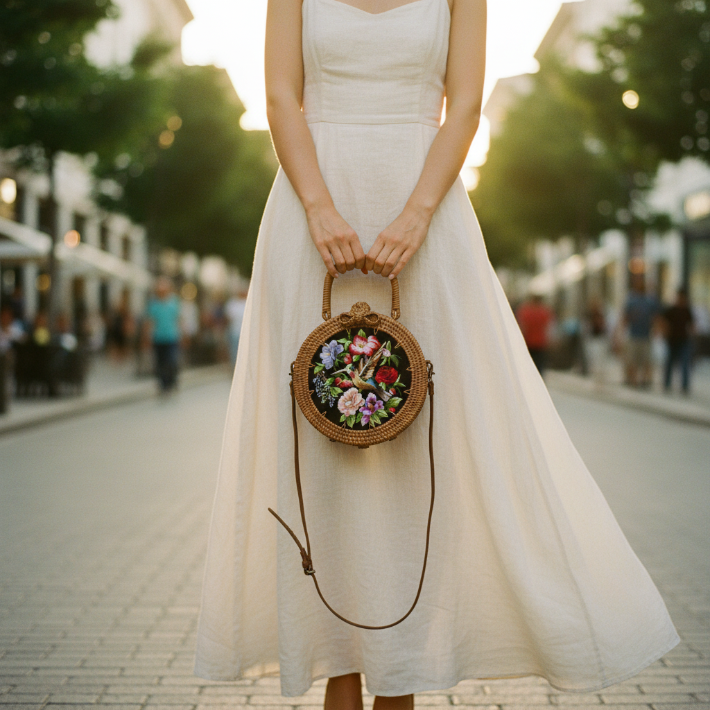 Circle Rattan Purse - Hummingbird in Garden - Model Carry
