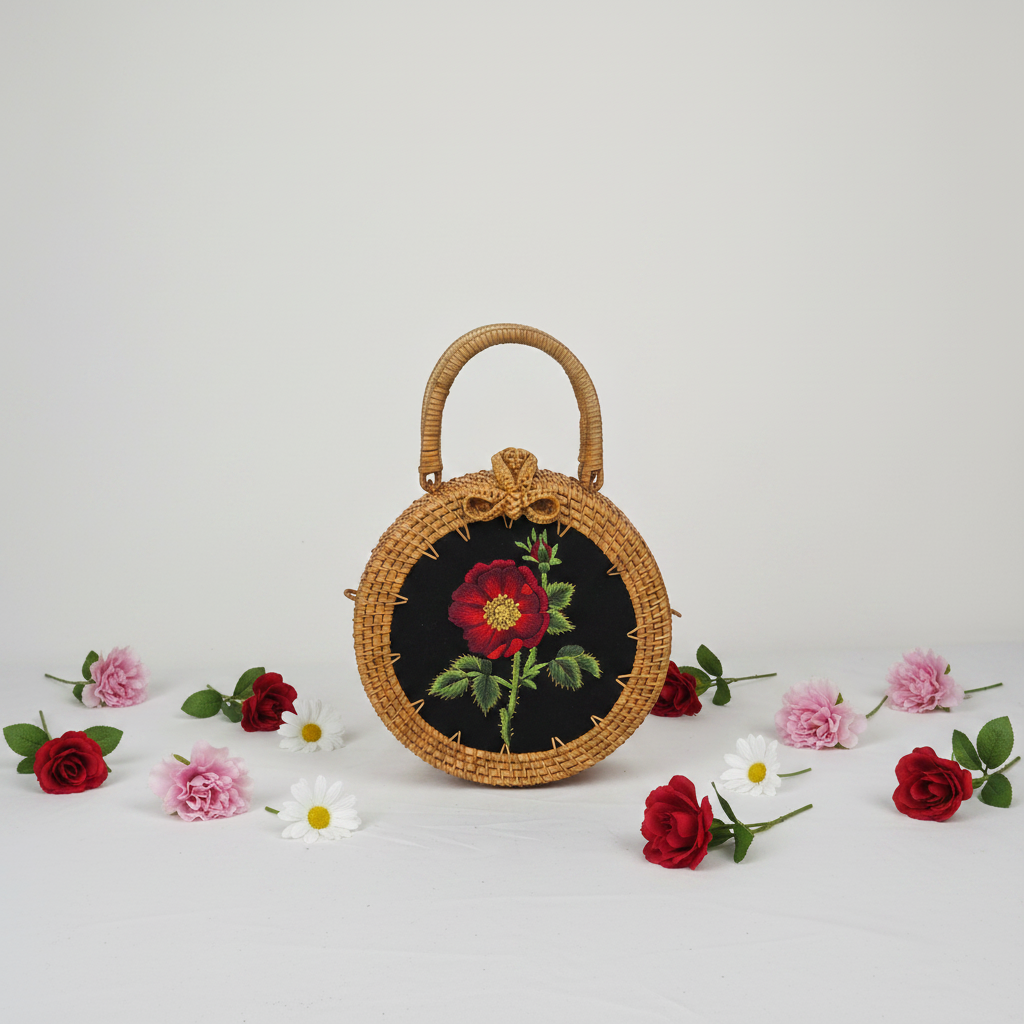 Circle Rattan Purse - French Rose - Flowers