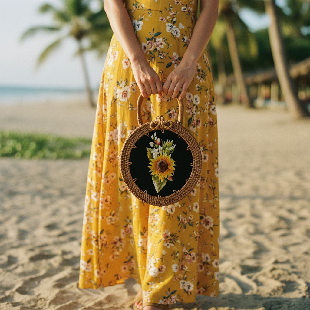 Circle Rattan Purse - Sunflower Bouquet - Model Carry