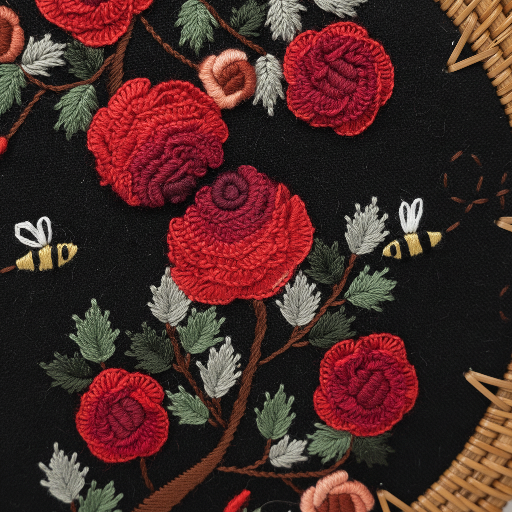 Circle Rattan Purse - Red Roses Bloom - Embroidery Close-up