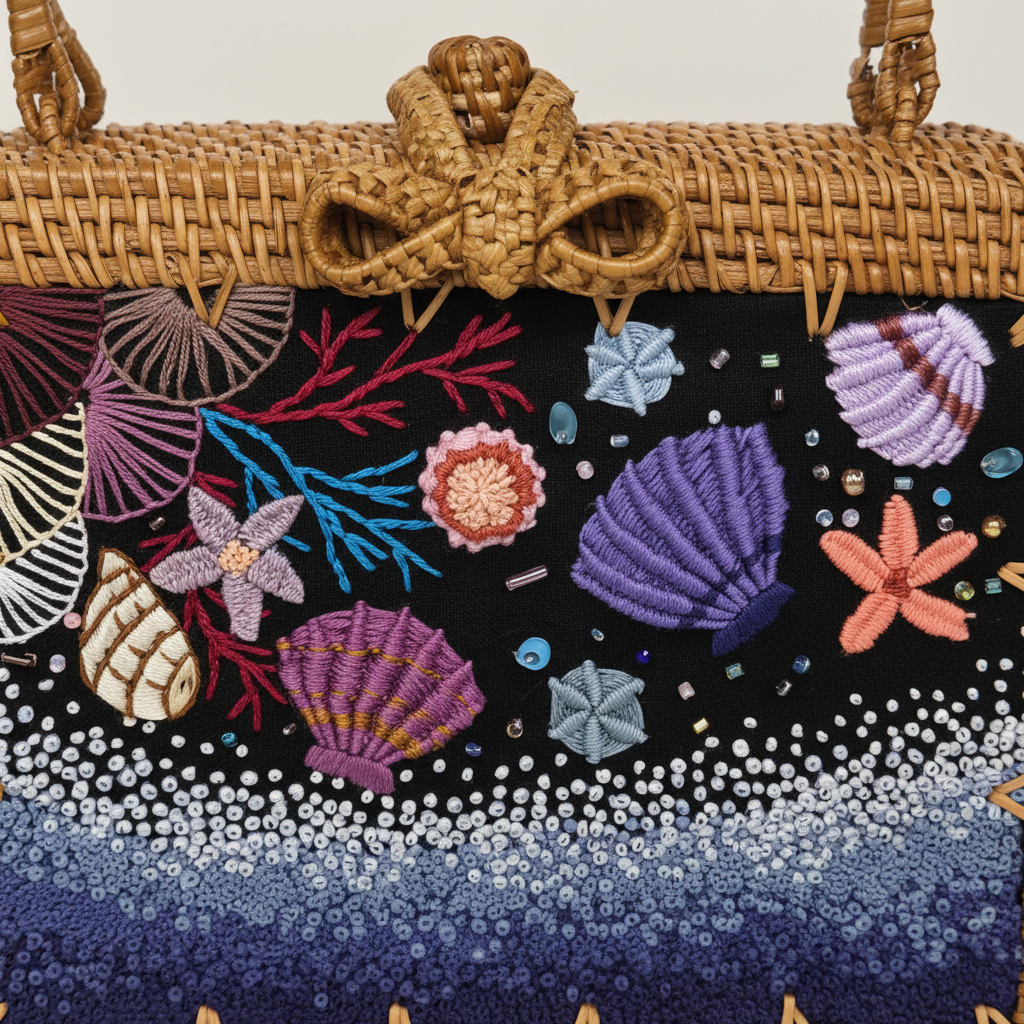 Bookcase Rattan Purse - Marine Life - Embroidery Close-up