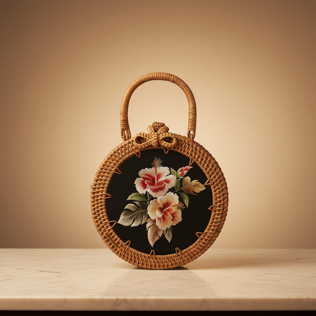Circle Rattan Purse - Hibiscus Noir - Front Face