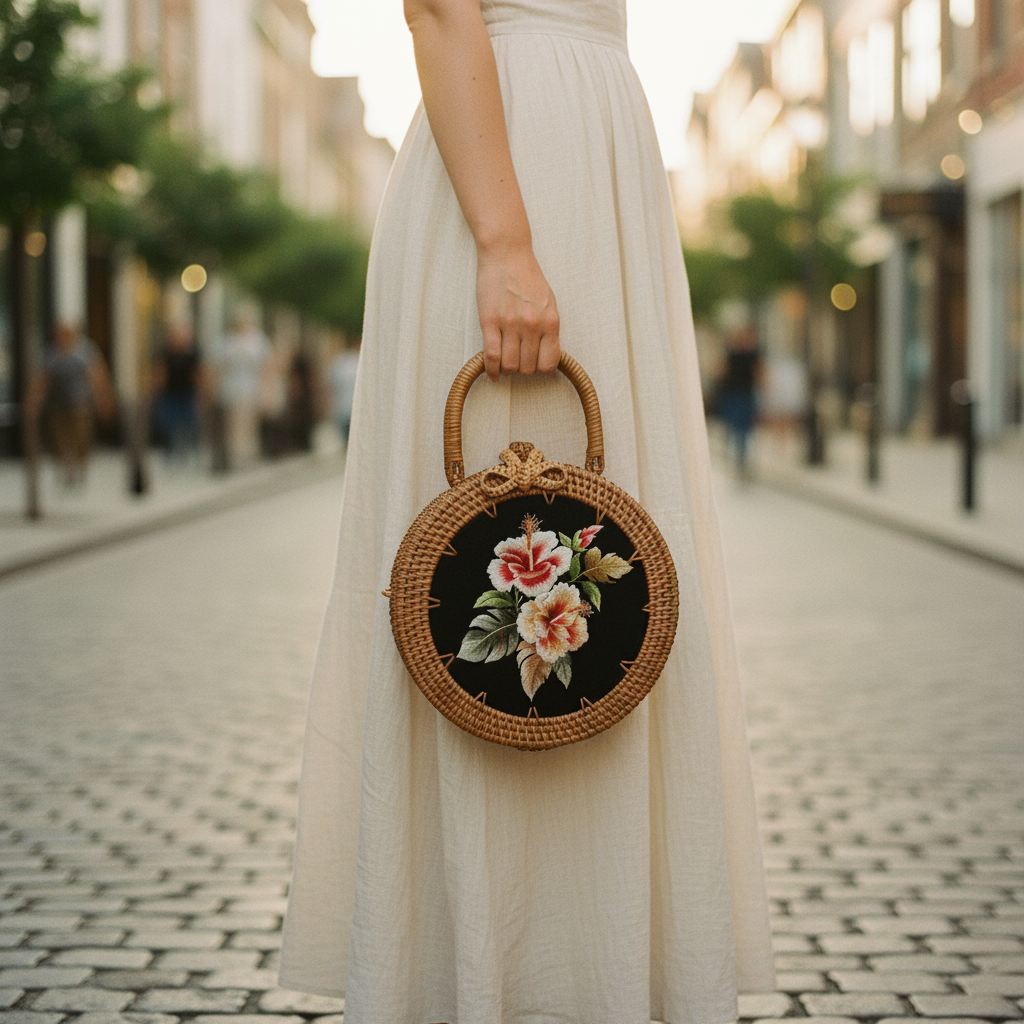 Circle Rattan Purse - Hibiscus Noir - Model Carry