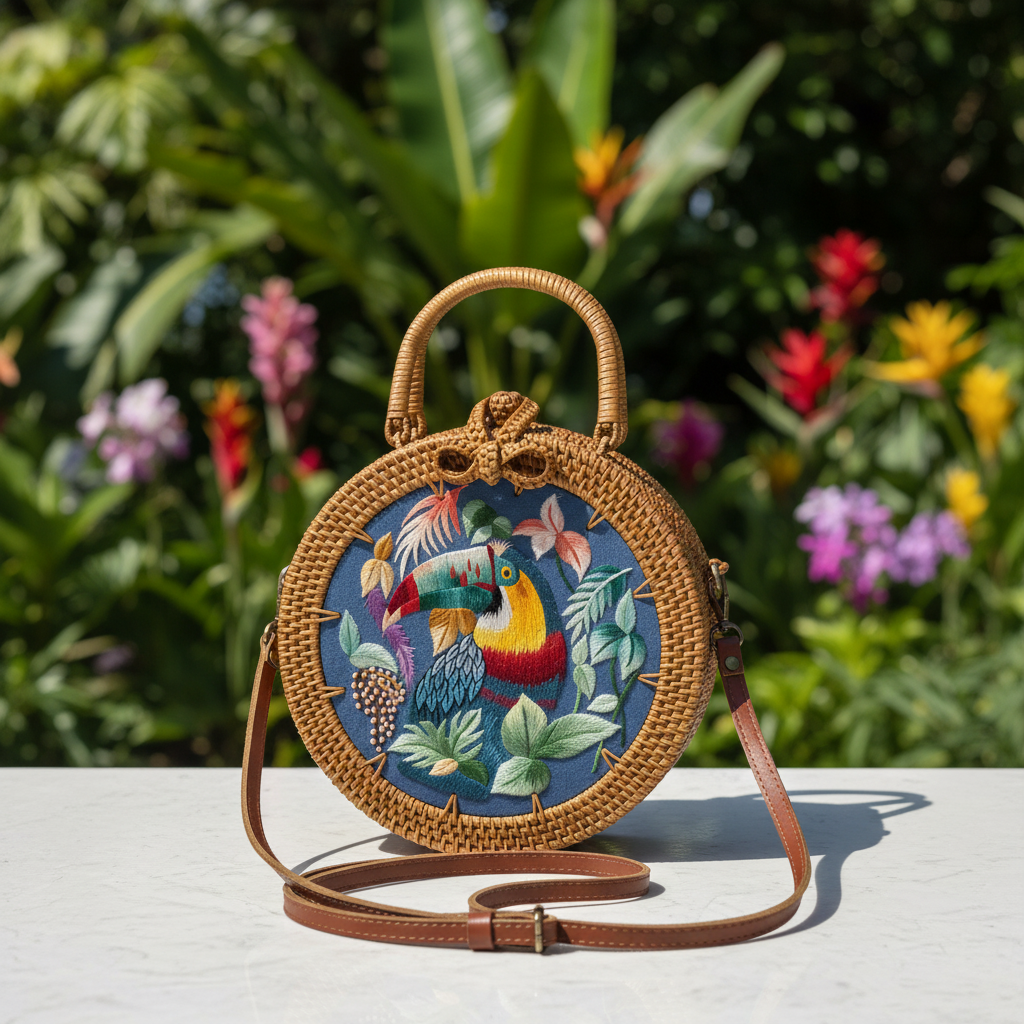 Circle Rattan Purse - Toucan in Botanical Garden - 5