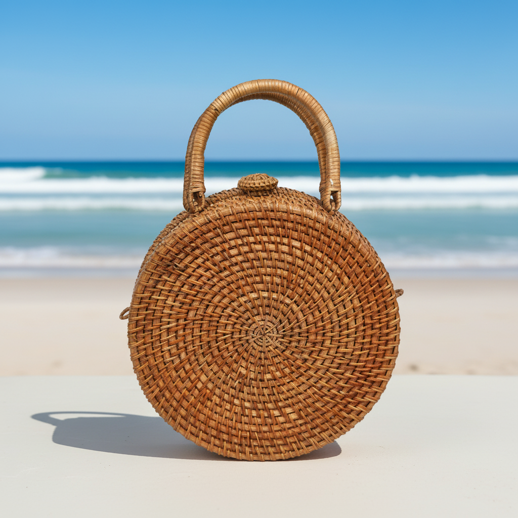 Circle Rattan Purse - French Rose - Beach 3