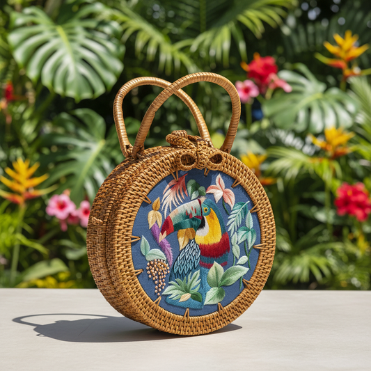 Circle Rattan Purse - Toucan in Botanical Garden - 2