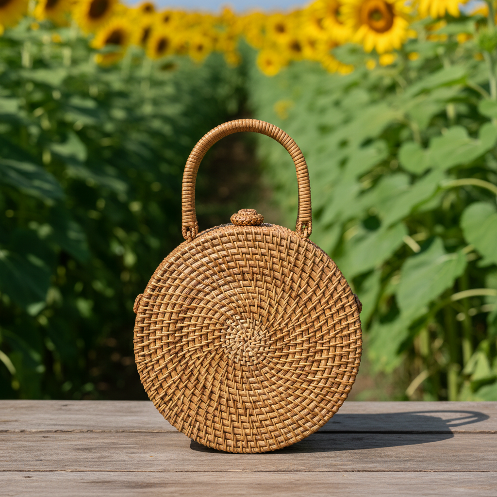 Circle Rattan Purse - Sunflower Meadow - 3